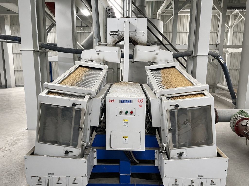 High-capacity Satake sortex machine operating at a Kalinga Foods partner mill during export rice processing
